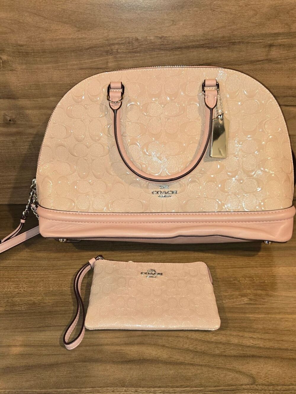 Coach Satchel ‘Sierra’ Pink Signature C Debossed Patent Leather & Wristlet NWT